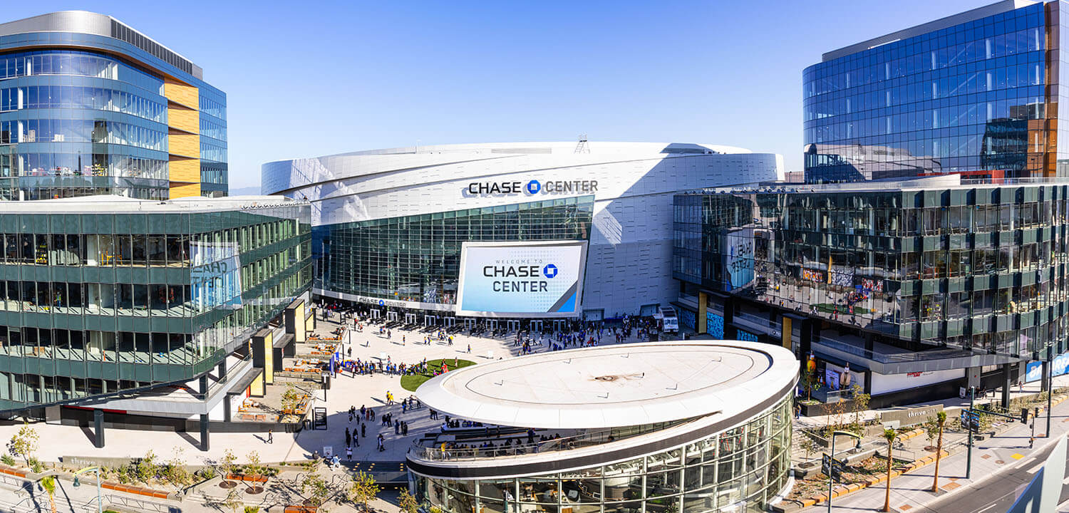 High angle view of the newly opened Chase Center arena and the new UBER headquarters in the Mission Bay District